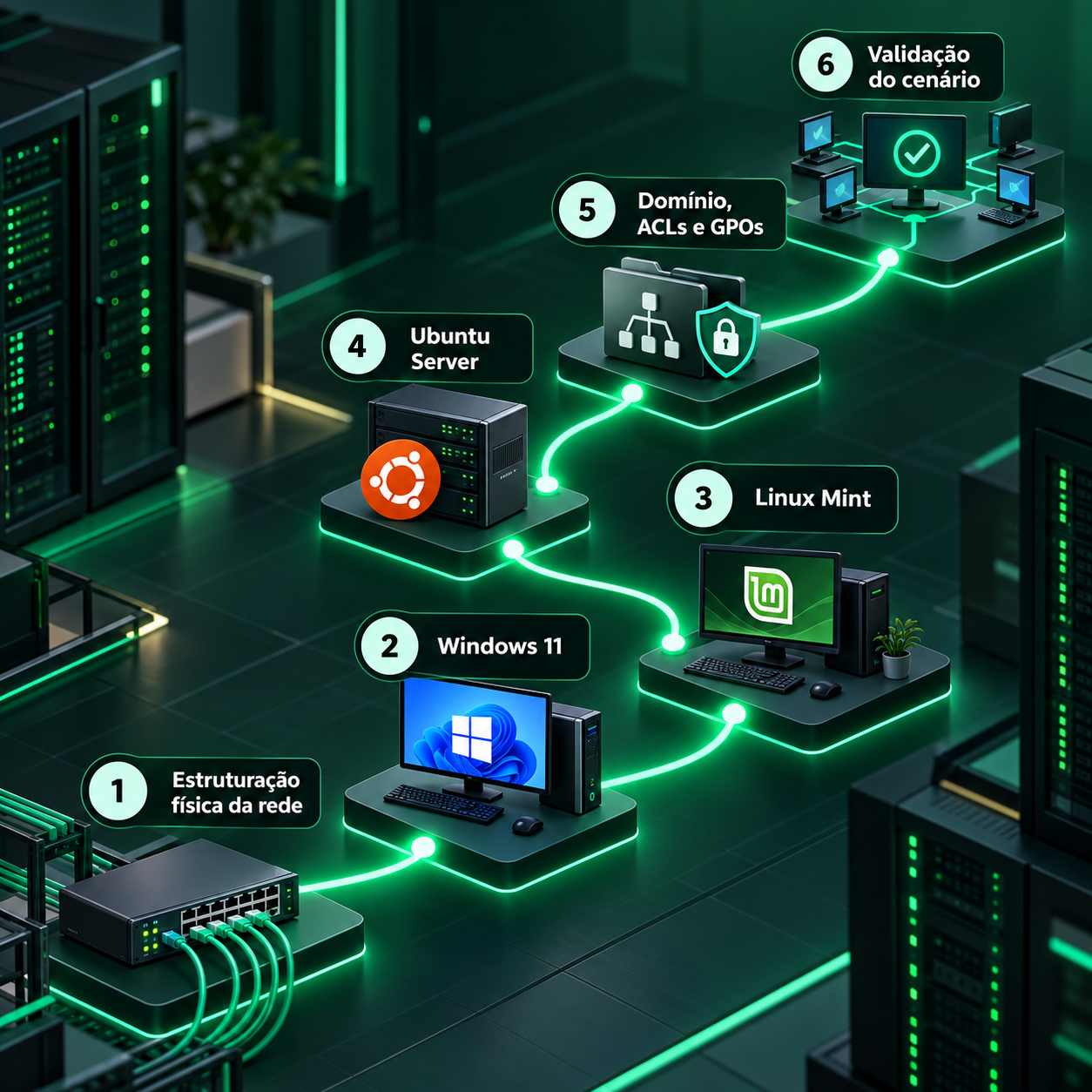Trilha visual da jornada: estruturação física da rede, Windows 11, Linux Mint, Ubuntu Server, domínio com ACLs e GPOs, e validação do cenário.